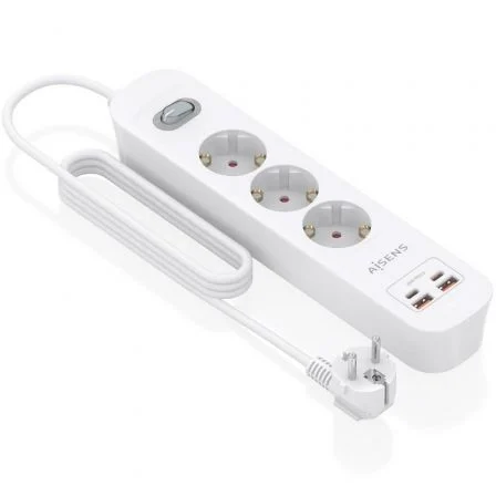 Aisens Regleta con Interruptor ASPS-2A2C10-W, 3 Tomas y 4 Puertos USB, Blanco